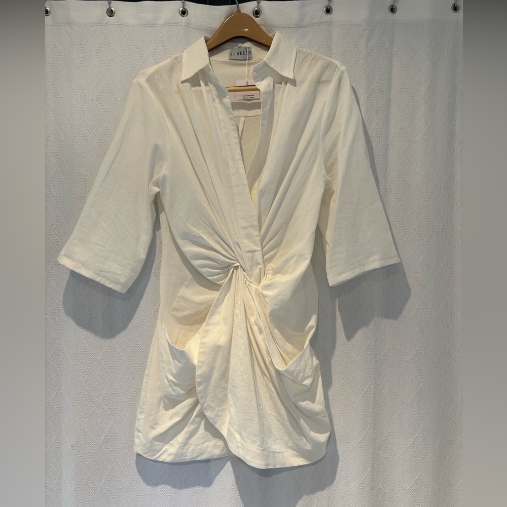 White Linen Draped Shirt Dress